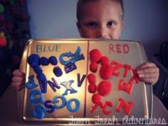 
                    
                        Use the back of a cookie sheet--write color names at the top with dry erase markers and have your child attach magnetic letters, numbers and fuzzies in a color sorting activity!
                    
                