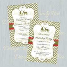 
                    
                        Rustic Christmas Holiday Invitations.  Olive green chevron stripes give this invite a modern flair. The scalloped border and red and green ribbon add a festive stylish touch. At the top is a silhouette of deer - buck, baby fawn and doe. Personalize this elegant invitation for your party or dinner. This design also works well for a bridal or baby shower.
                    
                