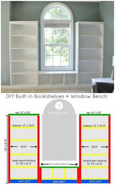 
                        
                            DIY Built-in Bookshelves + Window Bench Plans with beadboard and rope trim molding. #3MDIY #3MPartner
                        
                    