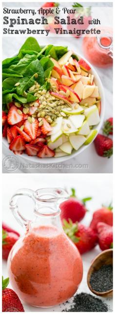 
                    
                        Strawberry, Apple  Pear Spinach Salad with a Strawberry Vinaigrette. Healthy and delicious! @NatashasKitchen
                    
                