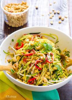 Pad Thai Zucchini Noodle Salad Recipe -- One meal salad that hits the Thai food spot, with half amount of calories and in under 20 minutes.