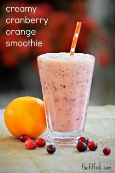 Creamy Cranberry Orange Smoothie - this frozen drink is perfect for a healthy snack or post workout. The fall ingredients remind me of Thanksgiving relish! TheFitFork.com