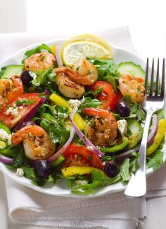 
                    
                        Shrimp Arugula Greek Salad -- Juicy shrimp shines in this easy, delicious and healthy salad. #cleaneating
                    
                