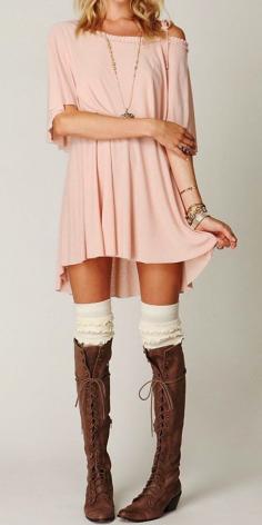 
                    
                        adorable, wild and pretty boho long brown color pure leather boots and mini dress
                    
                