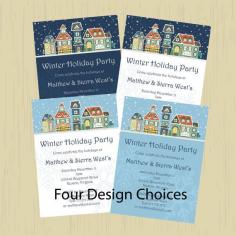 
                    
                        Winter Party Invitations.  The design is a whimsical snow scene of village homes.  Available as a digital printable pdf or custom printing. Perfect for the Christmas holiday season!
                    
                