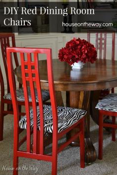 DIY Red Dining Room Chairs from houseontheway.com. Thrift store chairs painted with red spray paint and covered in Faux Bois fabric.