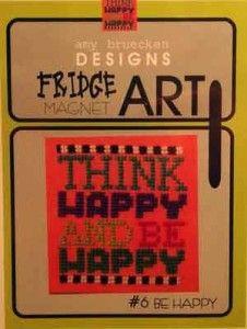 Be Happy Fridge Art from Amy Bruecken's series titled "Fridge Art". The kit contains the 3x3 magnet, mounting board, cross stitch pattern and full instructions. You supply the DMC threads and fabric (why not try 14 Ct perforated paper for an easy finish).