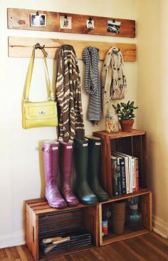 
                    
                        Would be great in our Entry...decor-great use of crates, and I love the simplicity of the coat hangers.
                    
                