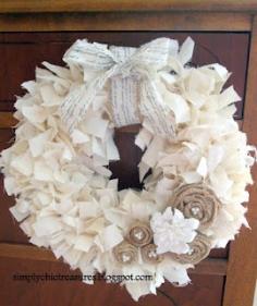 
                    
                        simply chic treasures: Muslin Rag Wreath. Seen this at the craft fair. I either need to learn to do this or buy my own. They are kinda spendy though and I think you can make them for faily cheap
                    
                