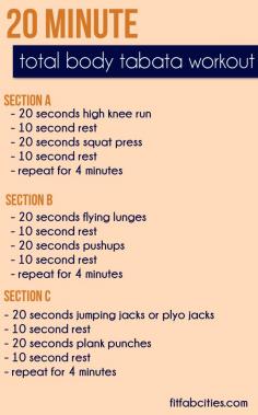 
                        
                            Tabata Workout - About 20 minutes of tabata intervals give the same aerobic benefit and calorie burn as running 40 minutes.
                        
                    