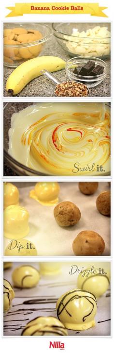 
                        
                            NILLA-Banana Cookie Balls 1 pkg. (8 oz.) PHILADELPHIA Cream Cheese, softened 60 NILLA Wafers, finely crushed (about 2 cups) 1/3 cup mashed ripe bananas 1-1/2 pkg. (4 oz. each) BAKER'S White Chocolate (6 oz.), broken into pieces, melted 8 drops yellow food coloring 1/3 cup finely chopped PLANTERS Pecans 2 oz. BAKER'S Semi-Sweet Chocolate, melted
                        
                    