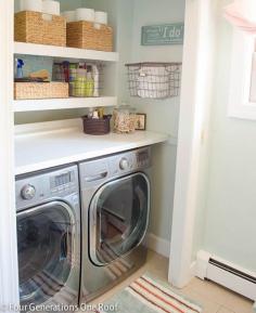 
                    
                        Our budget laundry room reveal {laundry closet} + DIY floating shelves + folding table = organized laundry space! yay :)
                    
                