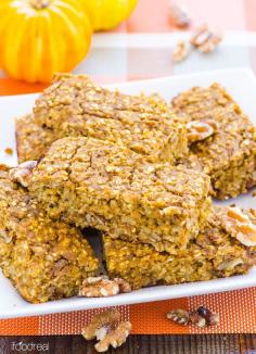 
                        
                            Pumpkin Protein Oat Bars -- Healthy gluten free bars with a vegan option. Breakfast on the go or a snack, these bars are so good and moist, you would never guess they are good for you.
                        
                    