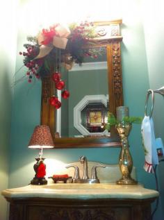 
                        
                            Christmas Bathroom Decor for Small Vanity Mirror with Ribbon and Pine Leaves with Glittered Red Baubles and Country Gold Mercury Glittered Candle Holder 20 Amazing Christmas Bathroom Decoration Ideas
                        
                    