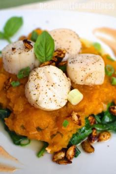 
                    
                        Scallops with Thai Butternut Squash - The squash is a little bit spicy thanks to the red curry but the flavor is complex and nutty with a sweet finish from coconut milk.  All that flavor on top of a bed of spinach and topped with scallops and sriracha roasted butternut squash seeds!  Servings: 4 • Calories: 267 • Fat: 9 g • Protein: 22 g • Carbs: 25 g • Fiber: 4 g • Sugar: 4 g • Sodium: 649 mg • Cholesterol: 37 mg
                    
                