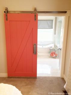 
                        
                            Barn Door to Bathroom in Master Bedroom. I'd paint it pale coral and mount a framed mirror behind where the door is when it's open.
                        
                    