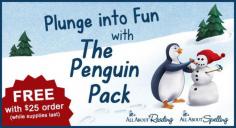 
                    
                        The Penguin Pack ($12.95 value) contains 30 printed pages of reading and spelling activities that are positively popping with penguins. FREE with every purchase over $25 (while supplies last).
                    
                