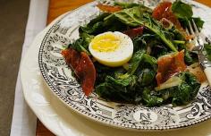 Warm Spinach Salad with a Soft Egg and Prosciutto Chips