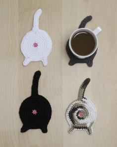 
                    
                        cat-butt-coasters-great gag gift for my cat loving relatives but also a great fund raiser for animal shelters! Made of cotton worsted yarn and acrylic felt center so they absorb moisture and counter is left dry.
                    
                