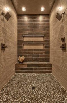 
                    
                        Awesome shower with Sliced Black pebble tile shower pan tile.
                    
                