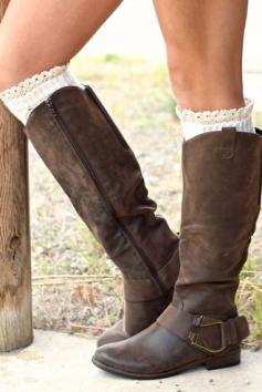 
                    
                        Kodiak Horsebit Rider Boots (Brown) Love the lace socks with them.
                    
                