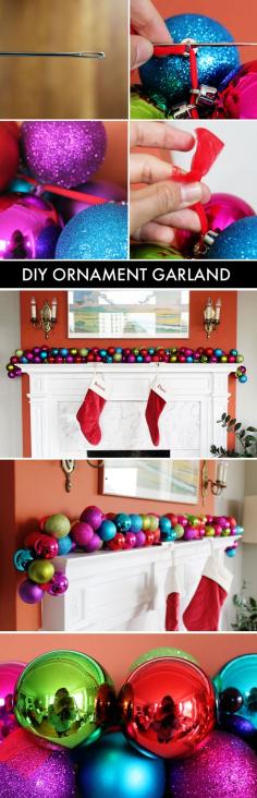 
                        
                            It takes less than 10 minutes to make this colorful ornament garland! - Would match the ornanment wreath I made perfectly! Note to self, buy plenty more clearance ornaments on 26 December...
                        
                    