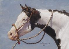 
                        
                            Black and White on Blue - horse painting by Ann Hanson Oil ~ 5" x 7"
                        
                    