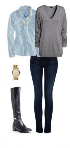Outfit Posts: outfit post: grey tunic sweater, light chambray shirt, rockstar skinny jeans, black riding boots