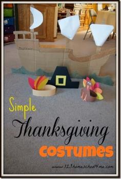 Simple Thanksgiving Costumes for Kids - Super cute Mayflower boat you can make out of cardboard and pilgrim, Indian, and turkey craft for kids. Perfect for a Thanksgiving play!!