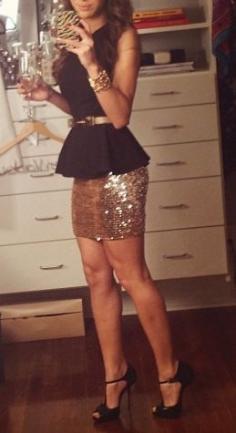 Peplum shirt with a belt and sparkly skirt. New Years Eve outfit.-- SO CUTE!