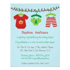 Christmas Baby Shower Party Invitations. This is super cute, holiday theme baby clothes hanging from colorful  lights.