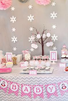 
                    
                        Cozy Pink Penguin Winter Wonderland Baby Shower: The backdrop
                    
                