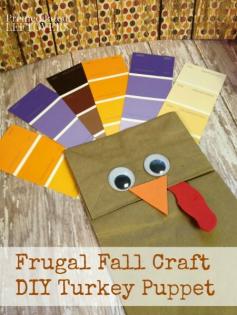 Follow this easy tutorial for a DIY Paint Chip Turkey Puppet. This frugal craft made with paint chips and brown paper bags is a fun Thanksgiving activity for kids.