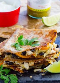 
                    
                        Lighter Fajita Quesadillas Recipe -- Quick and healthy dinner or lunch, with lots of flavour and your choice of protein. #cleaneating
                    
                