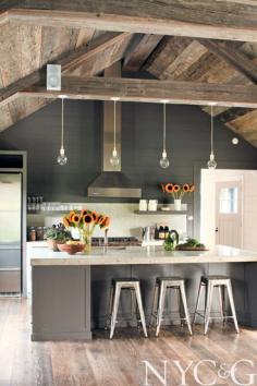 
                    
                        Room of the Day ~ gray and white, small lights, beams, rustic ceiling, alcove for stools - simple and chic design .A 19th-Century Millbrook Farmhouse 2.28.2014
                    
                