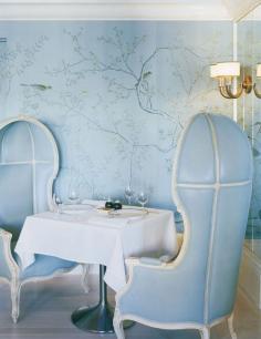
                    
                        A Divine Dining Room. In icy blue, deGournay's chinoiserie wallpaper is a perfect fit for the interior of Bergdorf Goodman's restaurant in NYC. Interior Design: Kelly Wearstler.
                    
                