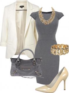 
                    
                        Gray classic work dress. #business attire.  #womens fashion That is such an ugly purse though
                    
                