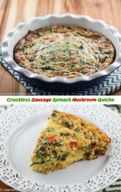 
                    
                        Crustless Sausage Spinach Mushroom Quiche - perfect for brunch over the holidays!
                    
                