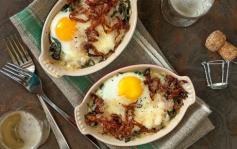 
                    
                        Champagne Baked Eggs with Spinach and Cripsy Ham
                    
                