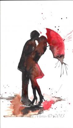 Love Paris Romance Kiss Red Umbrella Original Watercolor Painting, contemporary modern wall art illustration home wall decor