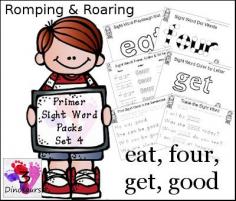 
                    
                        Free Romping & Roaring Primer Sight Words Packs Set 4: eat, four, get good - 6 pages of activities per word - 3Dinosaurs.com
                    
                