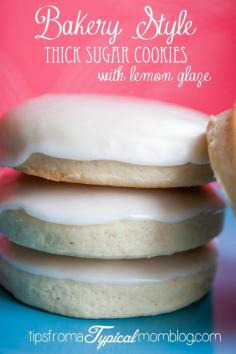 
                    
                        Kneaders Bakery Sugar Cookies Recipe with awesome Lemon Glaze ~ These are perfectly thick and fluffy Bakery Style Sugar Cookies and the glaze is perfect and hardens so you can stack the cookies.
                    
                