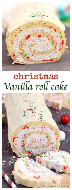 
                    
                        A simple vanilla roll cake with red and green dots and spirals of creamy buttercream is the perfect dessert for Christmas parties.
                    
                