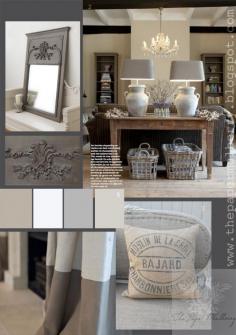 
                    
                        grain sacks, vintage linen and French styled mirror in a stunning grey wash - love the chunky table lamps - The Paper Mulberry: Essentially French!
                    
                