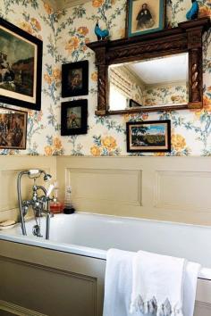 
                    
                        this English bath is papered with Colefax & Fowler discontinued design “Rameau Fleurie”
                    
                