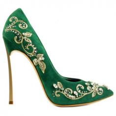 
                    
                        Casadei green suede pumps covered with Swarovski stones and strass, gold metal heel
                    
                