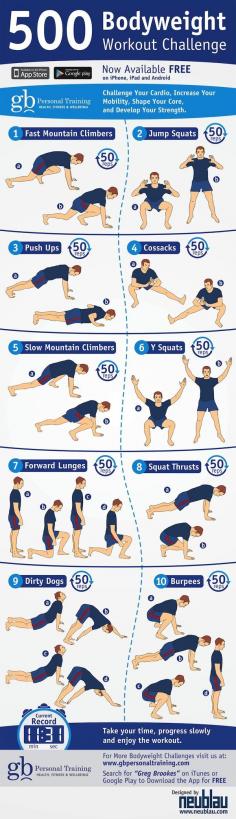 
                    
                        500 Bodyweight Challenge Infographic... exactly what I have been looking for!
                    
                