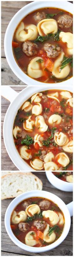 
                    
                        Italian Sausage Tortellini Soup Recipe on twopeasandtheirpo... Everyone LOVES this hearty soup!
                    
                