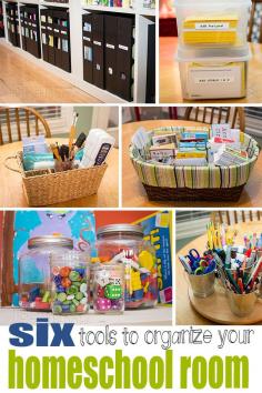 
                    
                        Six Tools to Organize Your Homeschool Room. Homeschool room ideas and a few great tools for homeschool room organization.
                    
                