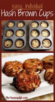 
                    
                        Hash brown cups.  These hash browns are baked in muffin pans--easy to make and serve. The flavorful potatoes are tender and moist on the inside and crispy on the outside.
                    
                